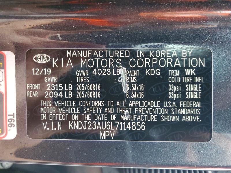58677536 :رقم المزاد ، KNDJ23AU6L7114856 vin ، 2020 Kia Soul مزاد بيع