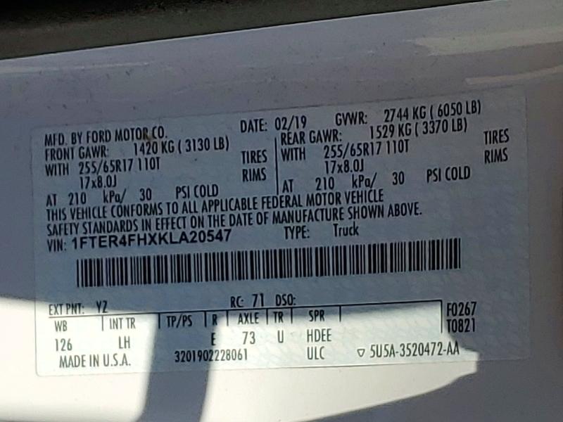 58843086 :رقم المزاد ، 1FTER4FHXKLA20547 vin ، 2019 Ford Ranger مزاد بيع