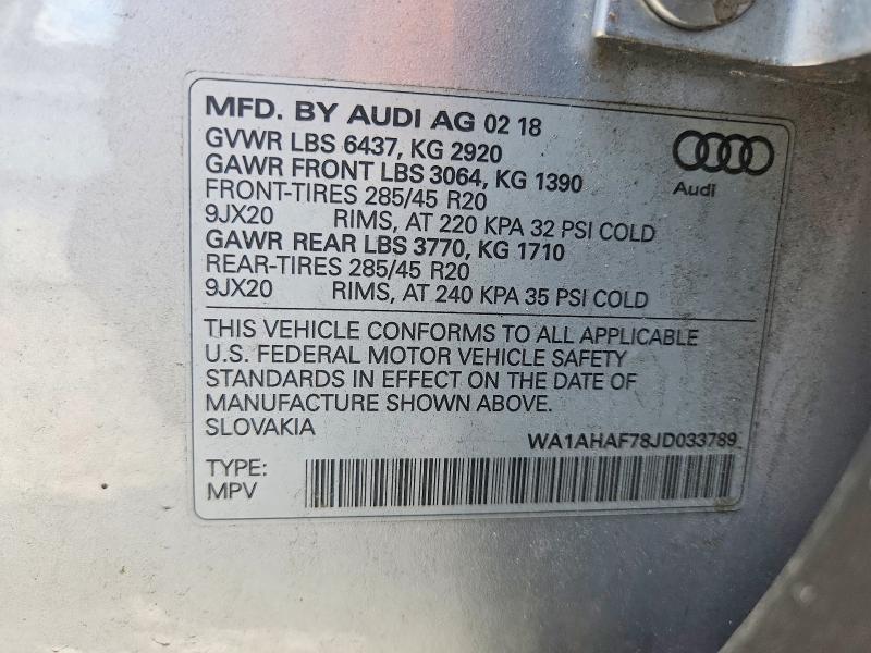 Продажа на аукционе авто 2018 Audi Q7, vin: WA1AHAF78JD033789, номер лота: 57698406