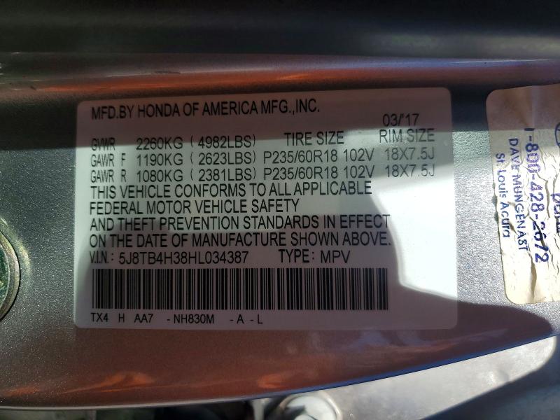Aukcja sprzedaży 2017 Acura Rdx, vin: 5J8TB4H38HL034387, numer aukcji: 57229236