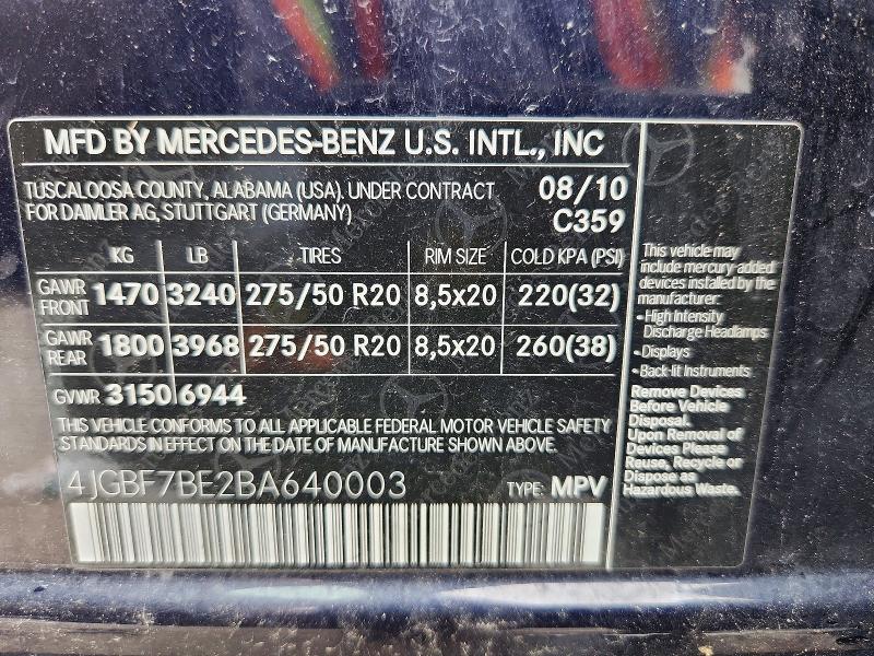 2011 Mercedes-benz Gl მანქანა იყიდება აუქციონზე, vin: 4JGBF7BE2BA640003, აუქციონის ნომერი: 58089806
