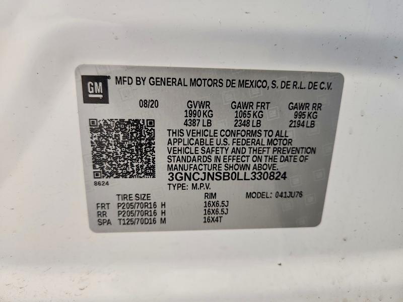 Aukcja sprzedaży 2020 Chevrolet Trax, vin: 3GNCJNSB0LL330824, numer aukcji: 58034066