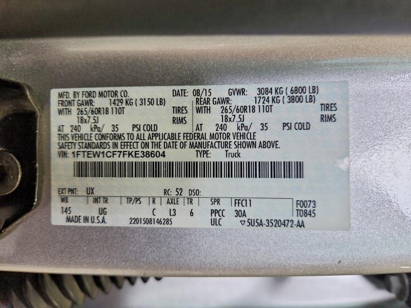 2015 Ford F150 მანქანა იყიდება აუქციონზე, vin: 1FTEW1CF7FKE38604, აუქციონის ნომერი: 55357456