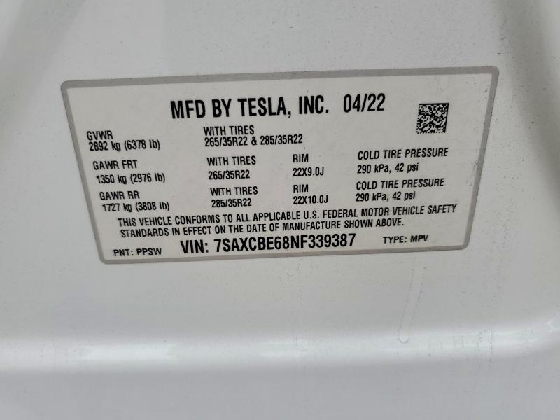 2022 Tesla Model X მანქანა იყიდება აუქციონზე, vin: 7SAXCBE68NF339387, აუქციონის ნომერი: 55735876