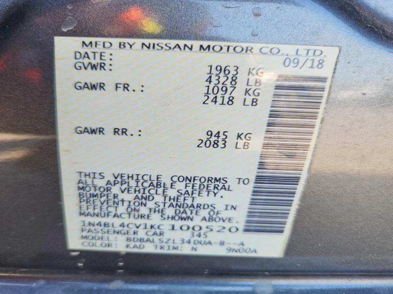 Продажа на аукционе авто 2019 Nissan Altima, vin: 1N4BL4CV1KC100520, номер лота: 58460366