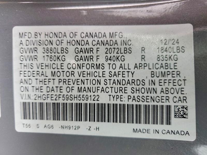 Продаж на аукціоні авто 2025 Honda Civic, vin: 2HGFE2F59SH559122, номер лоту: 57774556