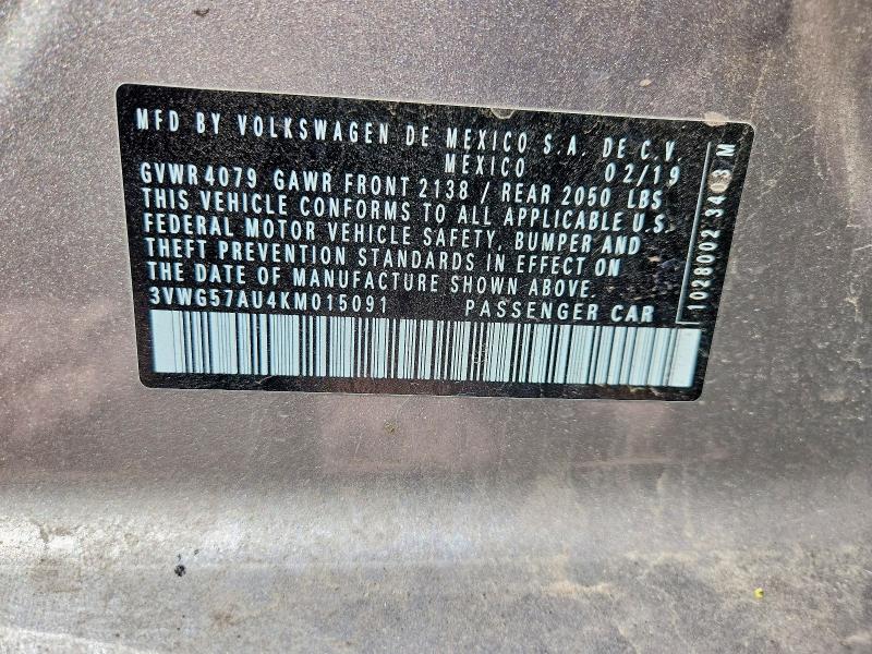 2019 Volkswagen Golf მანქანა იყიდება აუქციონზე, vin: 3VWG57AU4KM015091, აუქციონის ნომერი: 57240106