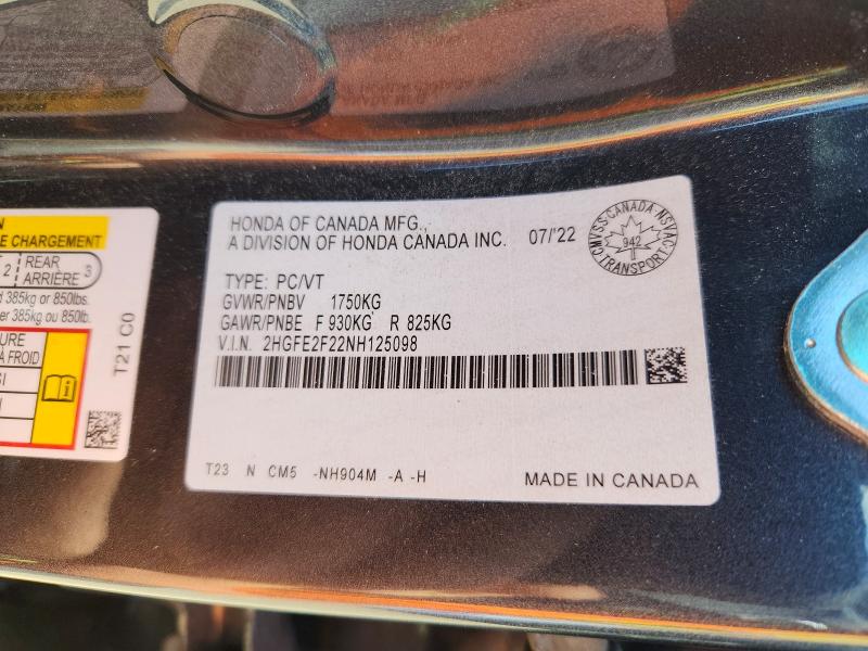 Aukcja sprzedaży 2022 Honda Civic, vin: 2HGFE2F22NH125098, numer aukcji: 58551006