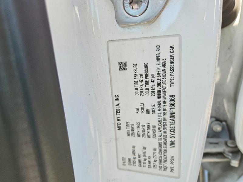 57519666 :رقم المزاد ، 5YJ3E1EA0NF166369 vin ، 2022 Tesla Model 3 مزاد بيع