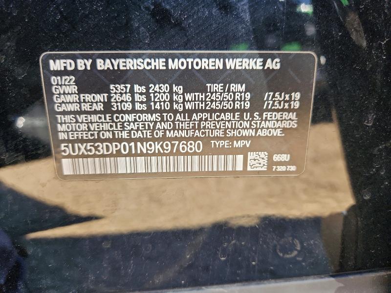 55456746 :رقم المزاد ، 5UX53DP01N9K97680 vin ، 2022 Bmw X3 مزاد بيع