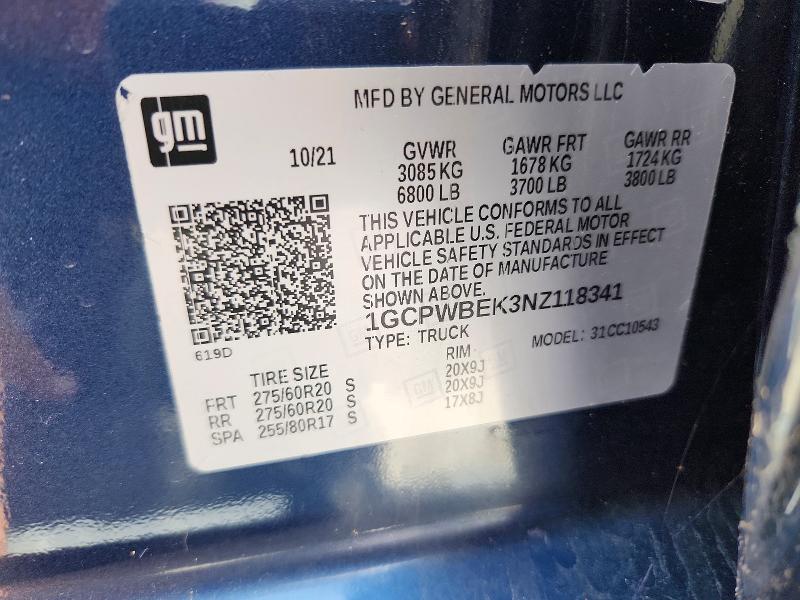 2022 Chevrolet Silverado Ltd მანქანა იყიდება აუქციონზე, vin: 1GCPWBEK3NZ118341, აუქციონის ნომერი: 56453206