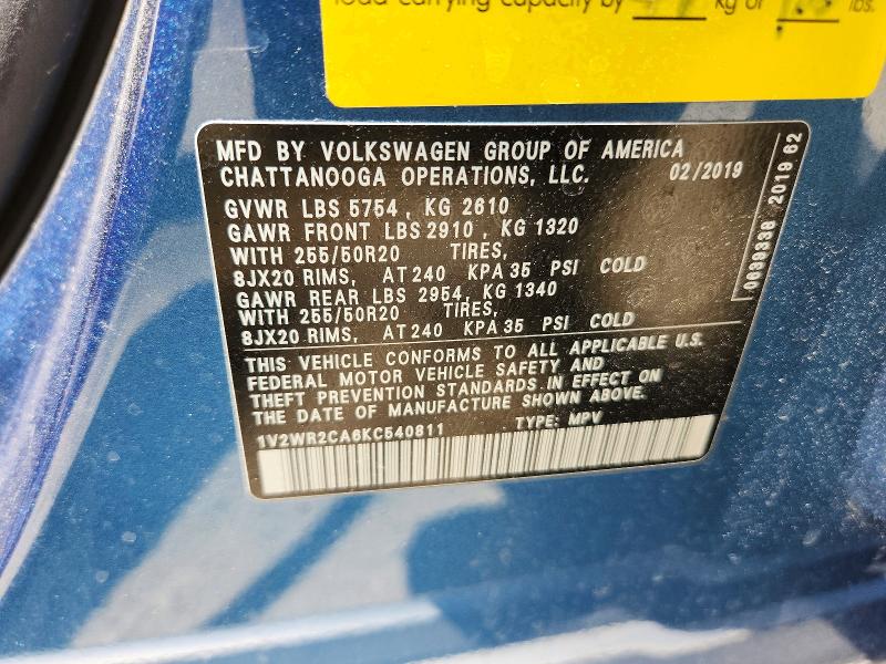 Auction sale of the 2019 Volkswagen Atlas, vin: 1V2WR2CA6KC540811, lot number: 55852816