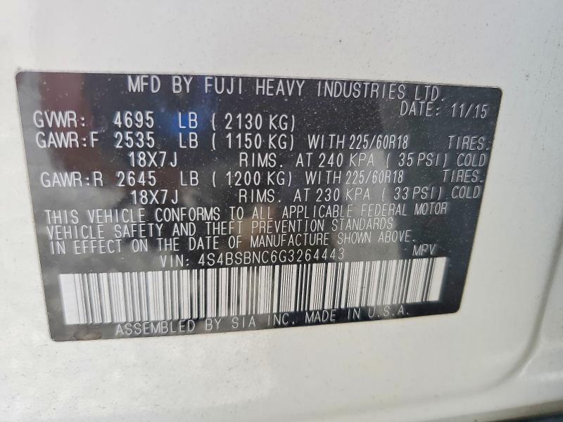 59231986 :رقم المزاد ، 4S4BSBNC6G3264443 vin ، 2016 Subaru Outback مزاد بيع