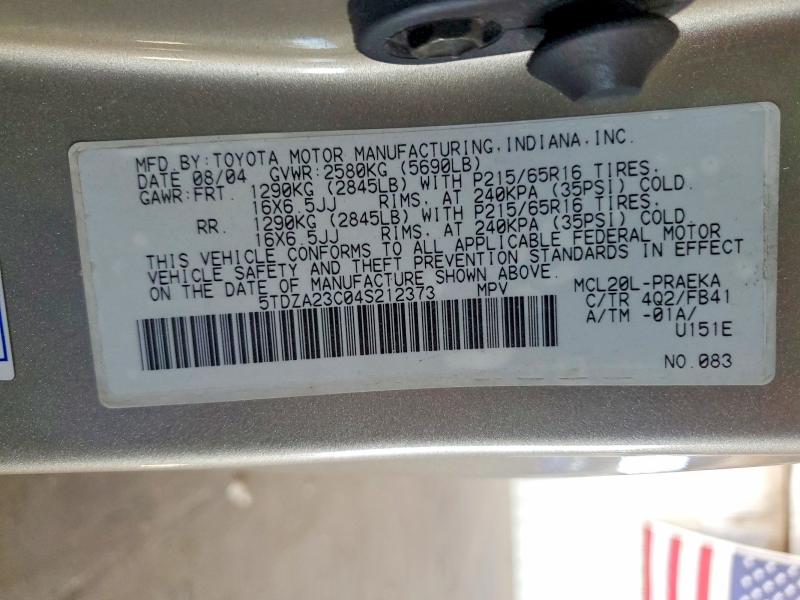 Aukcja sprzedaży 2004 Toyota Sienna, vin: 5TDZA23C04S212373, numer aukcji: 57777116