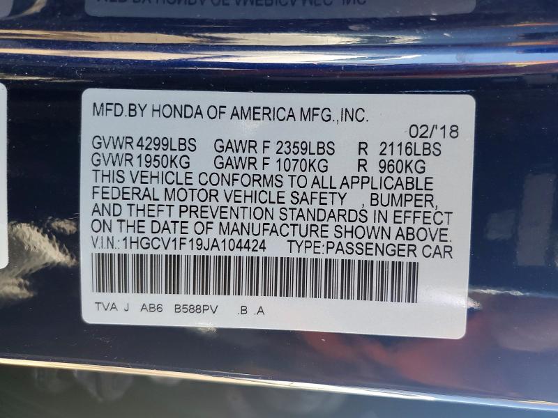Продаж на аукціоні авто 2018 Honda Accord, vin: 1HGCV1F19JA104424, номер лоту: 57634576