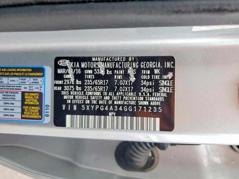 58635316 :رقم المزاد ، 5XYPG4A34GG171235 vin ، 2016 Kia Sorento مزاد بيع