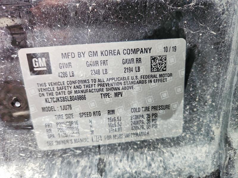 2020 Chevrolet Trax მანქანა იყიდება აუქციონზე, vin: KL7CJKSB5LB049866, აუქციონის ნომერი: 58395926