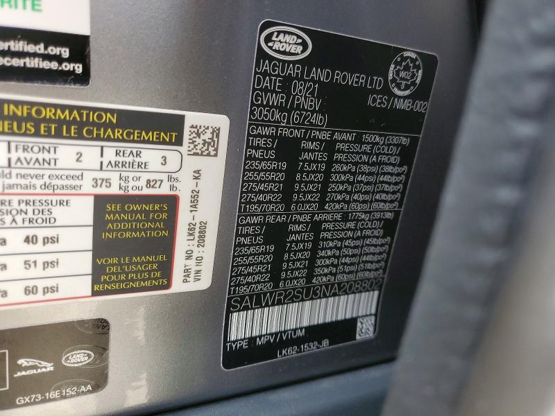 56126056 :رقم المزاد ، SALWR2SU3NA208802 vin ، 2022 Land Rover Range Rover Sport مزاد بيع