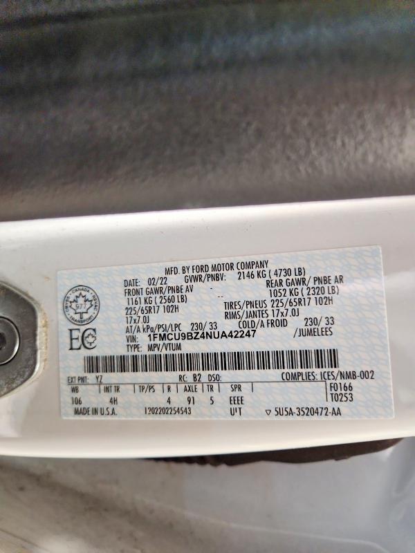 Продажа на аукционе авто 2022 Ford Escape, vin: 1FMCU9BZ4NUA42247, номер лота: 58998586