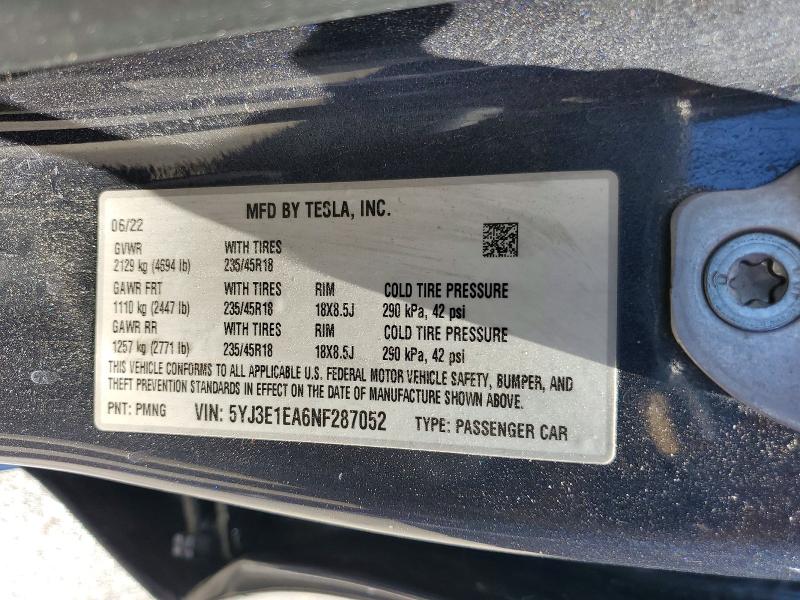 Продажа на аукционе авто 2022 Tesla Model 3, vin: 5YJ3E1EA6NF287052, номер лота: 56299456