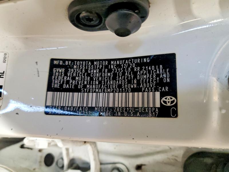 2021 Toyota Corolla მანქანა იყიდება აუქციონზე, vin: 5YFDPMAE6MP201170, აუქციონის ნომერი: 56148226