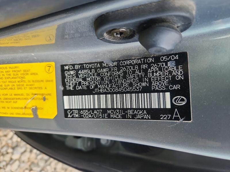 2004 Lexus Es მანქანა იყიდება აუქციონზე, vin: JTHBA30G845045537, აუქციონის ნომერი: 55753686