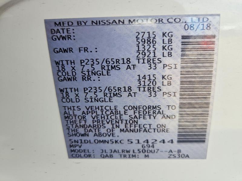 Aukcja sprzedaży 2019 Infiniti Qx60, vin: 5N1DL0MN5KC514244, numer aukcji: 53724916