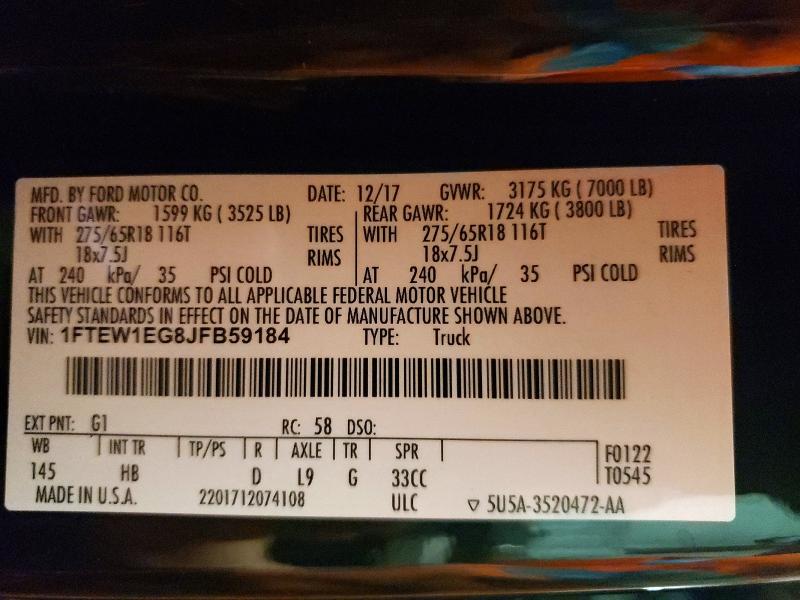 Auction sale of the 2018 Ford F150, vin: 1FTEW1EG8JFB59184, lot number: 58550496