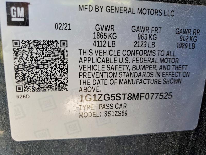2021 Chevrolet Malibu მანქანა იყიდება აუქციონზე, vin: 1G1ZG5ST8MF077525, აუქციონის ნომერი: 57680036
