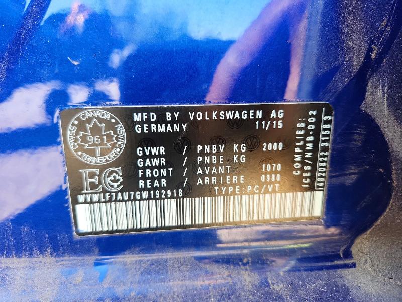 2016 Volkswagen Golf R მანქანა იყიდება აუქციონზე, vin: WVWLF7AU7GW192918, აუქციონის ნომერი: 55560496