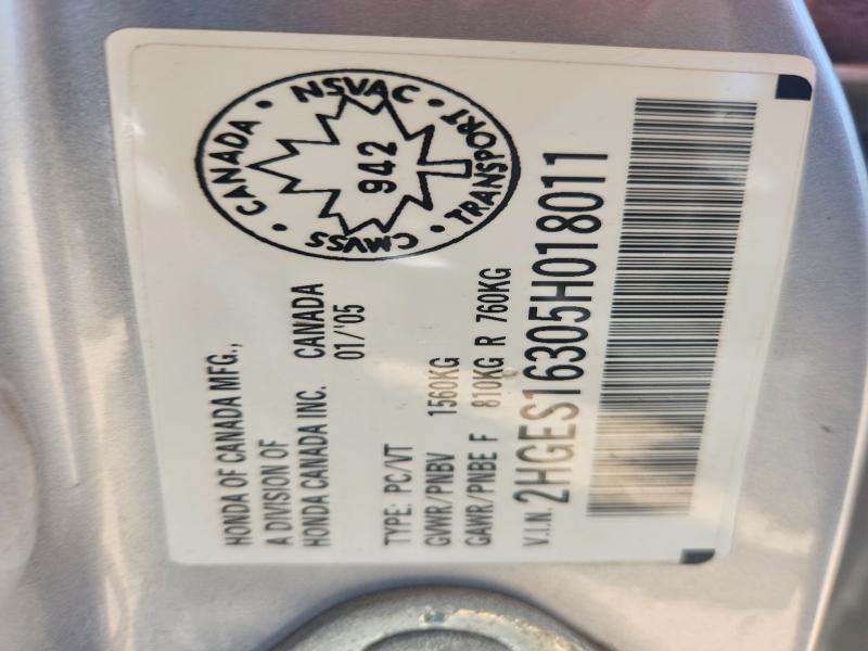 58324716 :رقم المزاد ، 2HGES16305H018011 vin ، 2005 Honda Civic مزاد بيع
