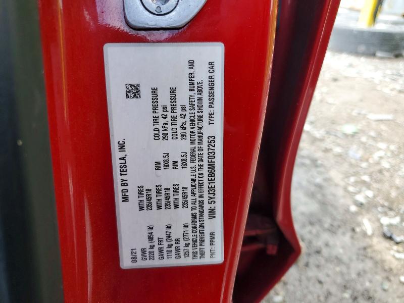 56616396 :رقم المزاد ، 5YJ3E1EB6MF037253 vin ، 2021 Tesla Model 3 مزاد بيع