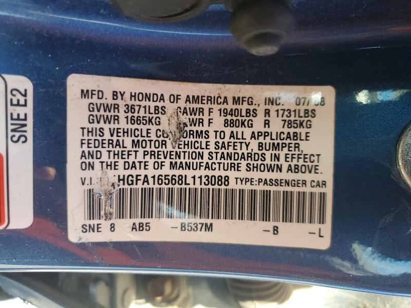 2008 Honda Civic მანქანა იყიდება აუქციონზე, vin: 1HGFA16568L113088, აუქციონის ნომერი: 58424806