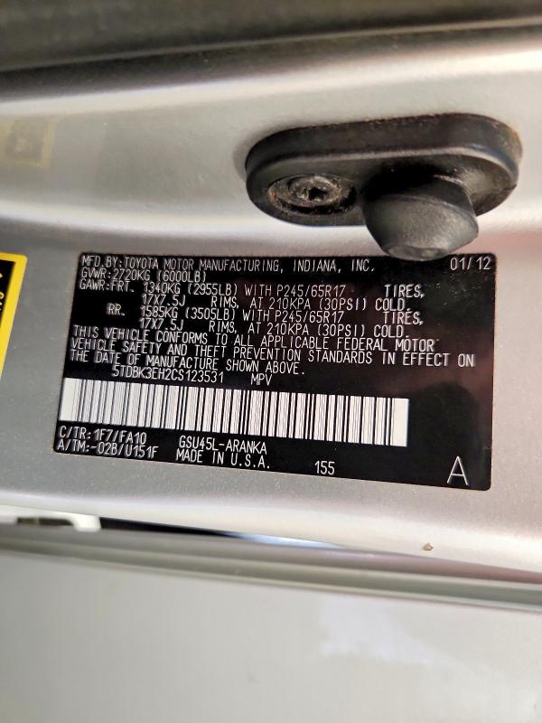 Продажа на аукционе авто 2012 Toyota Highlander, vin: 5TDBK3EH2CS123531, номер лота: 59094076