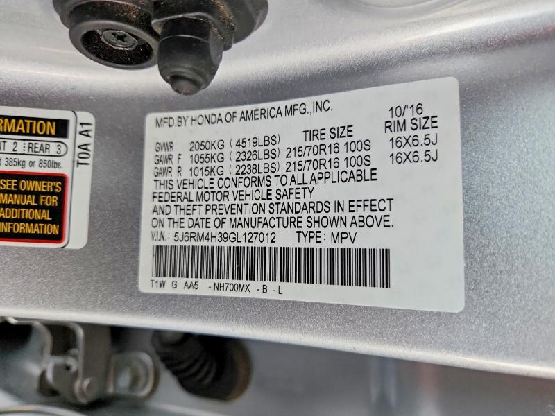 2016 Honda Cr-v მანქანა იყიდება აუქციონზე, vin: 5J6RM4H39GL127012, აუქციონის ნომერი: 57505266