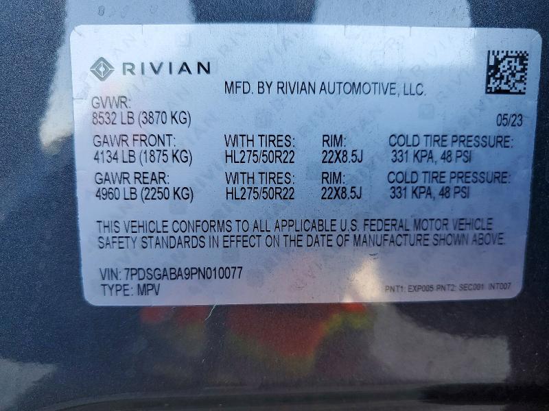 2023 Rivian R1s მანქანა იყიდება აუქციონზე, vin: 7PDSGABA9PN010077, აუქციონის ნომერი: 56540556