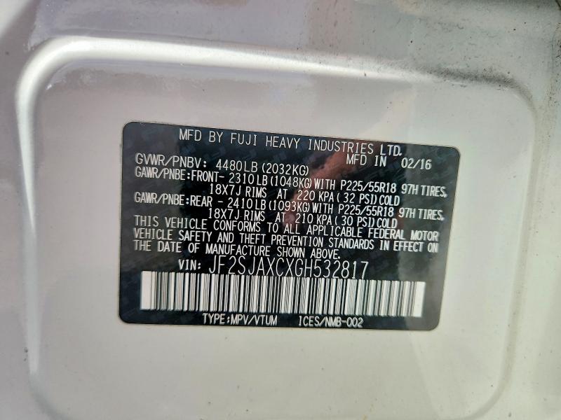 2016 Subaru Forester მანქანა იყიდება აუქციონზე, vin: JF2SJAXCXGH532817, აუქციონის ნომერი: 58144296