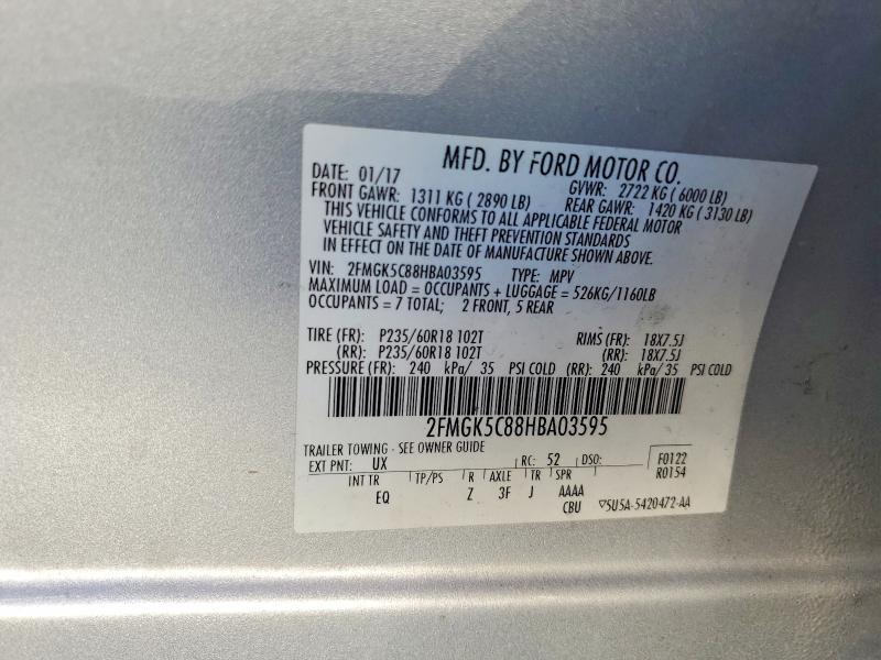 57129236 :رقم المزاد ، 2FMGK5C88HBA03595 vin ، 2017 Ford Flex مزاد بيع