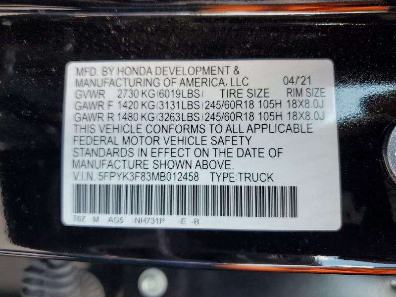 Aukcja sprzedaży 2021 Honda Ridgeline, vin: 5FPYK3F83MB012458, numer aukcji: 56320166