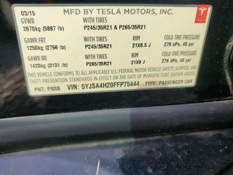 2015 Tesla Model S მანქანა იყიდება აუქციონზე, vin: 5YJSA4H20FFP75444, აუქციონის ნომერი: 57170276