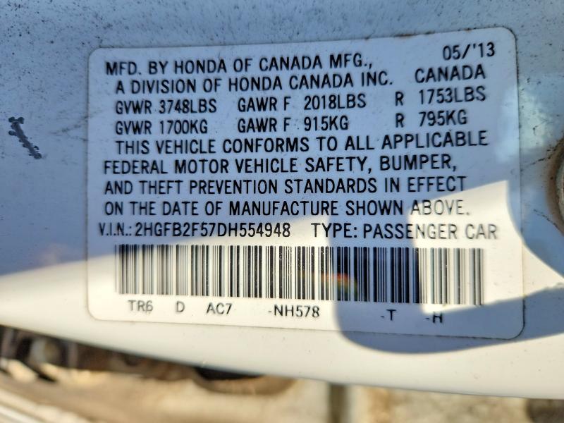 Продаж на аукціоні авто 2013 Honda Civic, vin: 2HGFB2F57DH554948, номер лоту: 57211416