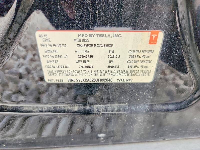 58758466 :رقم المزاد ، 5YJXCAE28JF092046 vin ، 2018 Tesla Model X مزاد بيع
