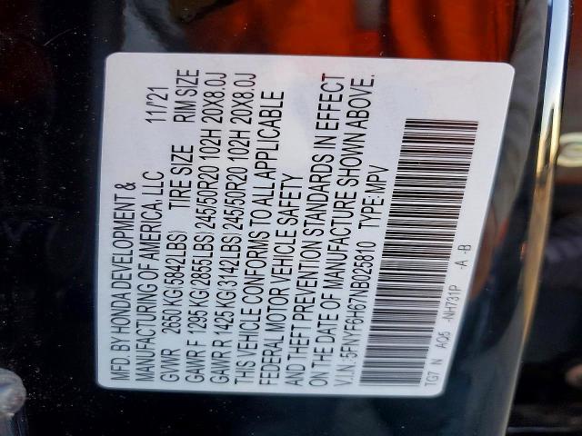 56024566 :رقم المزاد ، 5FNYF6H67NB025810 vin ، 2022 Honda Pilot مزاد بيع