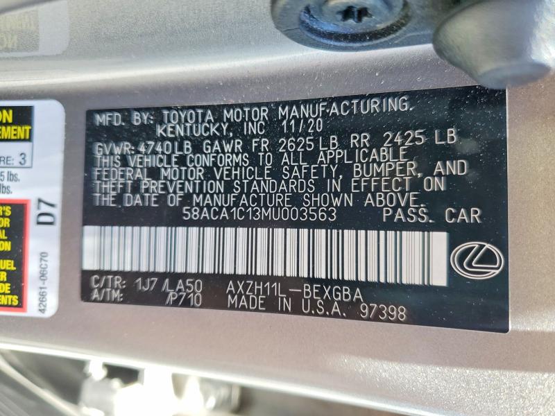 Auction sale of the 2021 Lexus Es 300h, vin: 58ACA1C13MU003563, lot number: 56441496