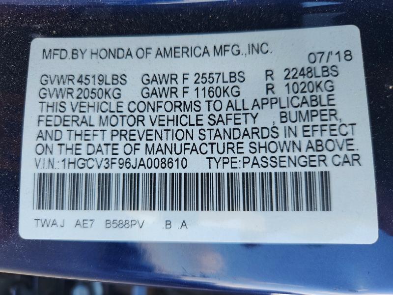 2018 Honda Accord მანქანა იყიდება აუქციონზე, vin: 1HGCV3F96JA008610, აუქციონის ნომერი: 57317426