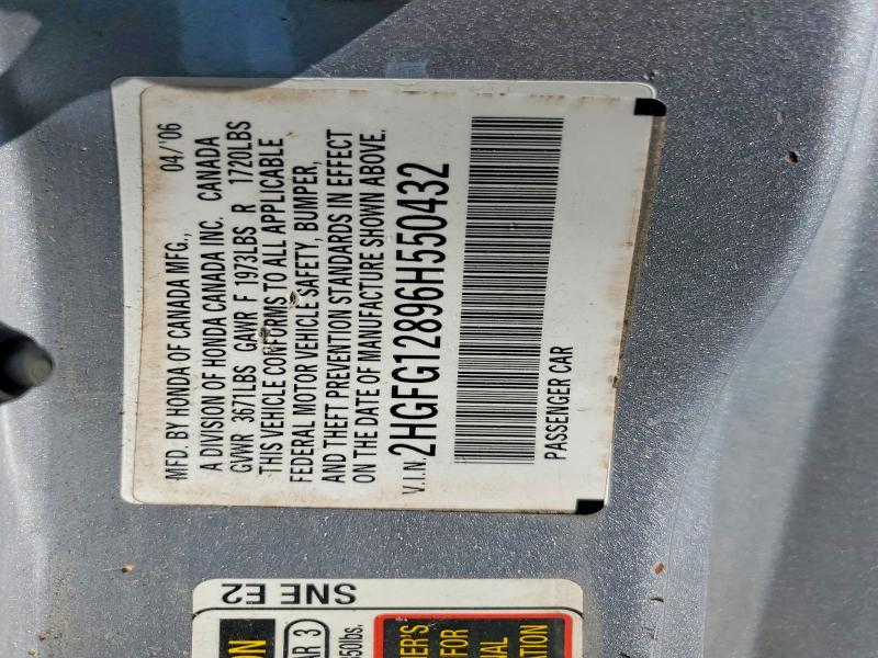 2006 Honda Civic მანქანა იყიდება აუქციონზე, vin: 2HGFG12896H550432, აუქციონის ნომერი: 57436526