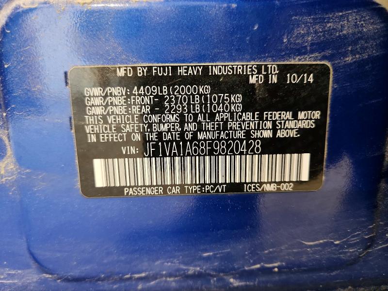 Aukcja sprzedaży 2015 Subaru Wrx, vin: JF1VA1A68F9820428, numer aukcji: 57115736