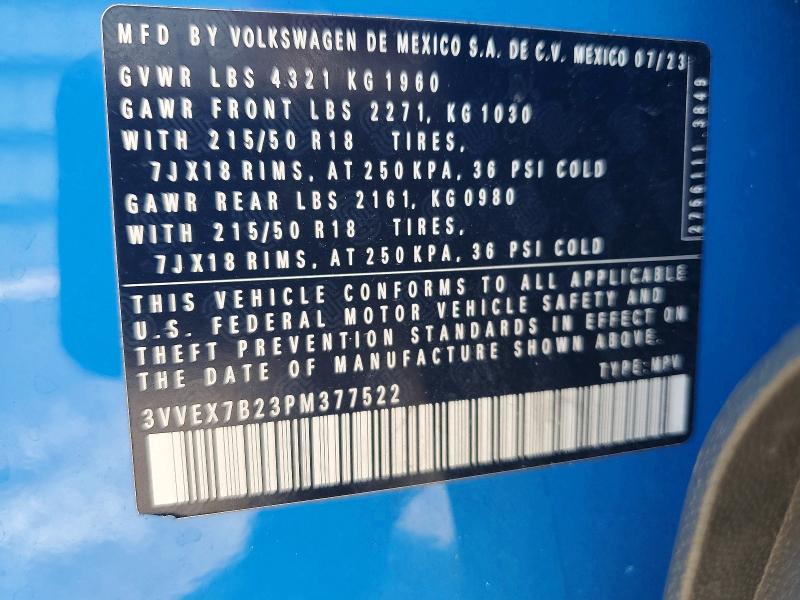 2023 Volkswagen Taos მანქანა იყიდება აუქციონზე, vin: 3VVEX7B23PM377522, აუქციონის ნომერი: 58436406