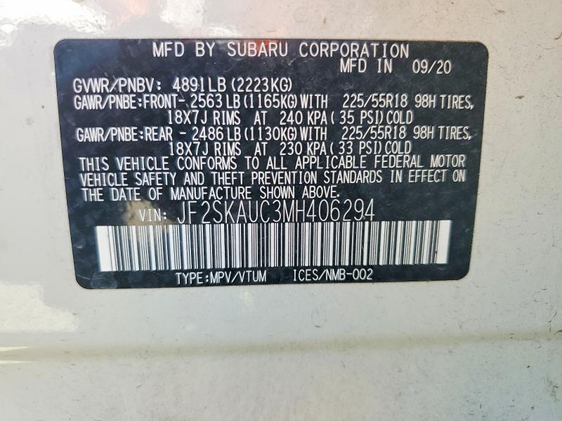 Продаж на аукціоні авто 2021 Subaru Forester, vin: JF2SKAUC3MH406294, номер лоту: 58475926