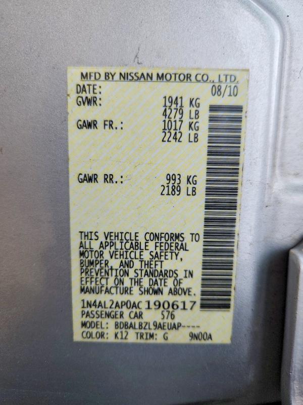 57336406 :رقم المزاد ، 1N4AL2AP0AC190617 vin ، 2010 Nissan Altima مزاد بيع